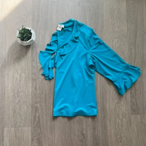 Tradition Blue V Neck Blouse with Bracelet Length Sleeves - Picture 9 of 9